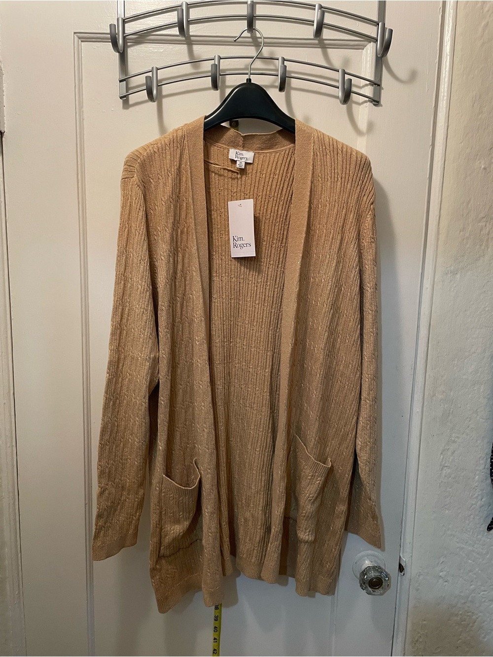 Kim Rogers Metallic Tan Open-Front Cardigan